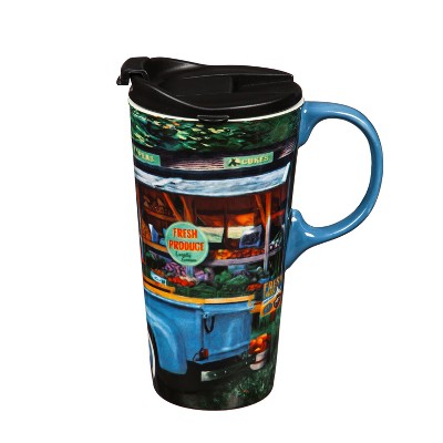 Evergreen Ceramic Travel Cup, 17 OZ. ,w/box, Blue Farm Truck