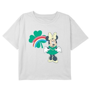 Girl's Minnie Mouse Clover Rainbow Happy Pose Crop T-Shirt - 1 of 3