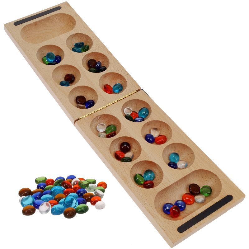 WE Games Folding Mancala - Solid Wood Board & Glass Stones, 5 of 10