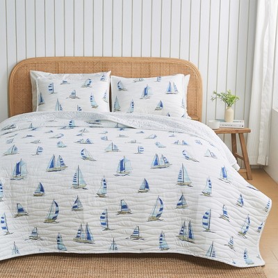 Coastal Inspired Quilted Coverlet Set With Shams (king, Blue Watercolor ...