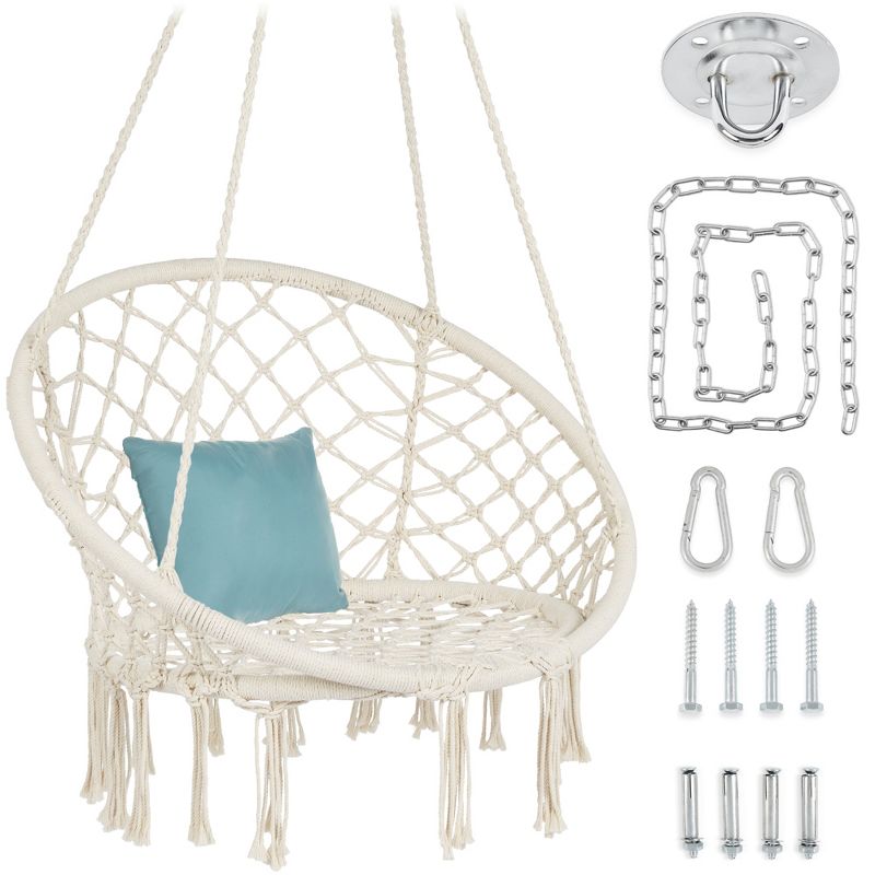 Best Choice Products Handwoven Cotton Macramé Hammock Hanging Chair Swing for Indoor & Outdoor Use w/ Backrest, 1 of 11