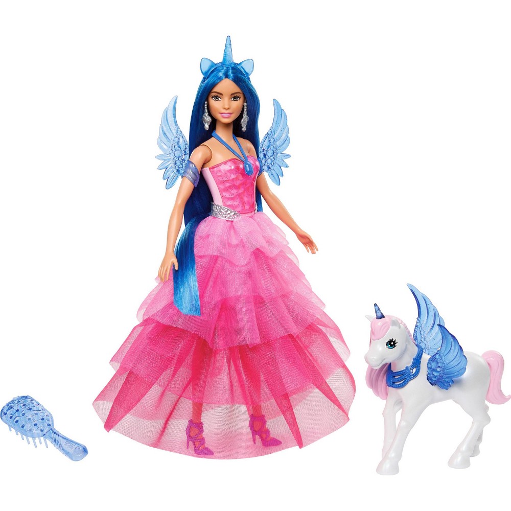 Barbie Unicorn Toy, 65th Anniversary Doll with Blue Hair, Pink Gown & Pet Alicorn (Target Exclusive)