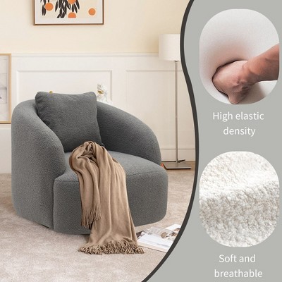 Gray Boucle Upholstered Swivel Barrel Chair with Metal Base