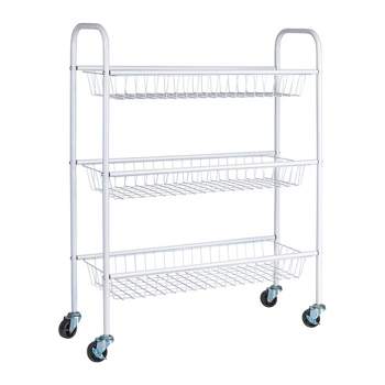 Household Essentials 3-Tier Slim Storage Cart, Heavy-Duty Steel Frame, Smooth Casters with Locks, Powder Coat Finish, Arched Handles White