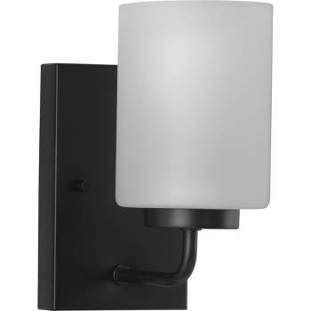 Progress Lighting Merry Collection 1-Light Matte Black Steel Wall Light with Etched Glass Shade