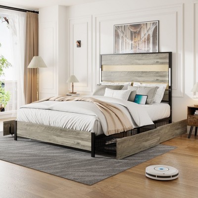 NicBex Queen/King Size Bed Frame with Charging Station,LED Lights and 4 Drawers for Adults/Boys/Girls,Gray