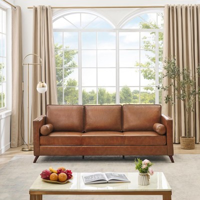 3 Seat Leather Sofa, Mid Century Modern Deep Seat Couch with Wide Armrests and Supportive Backrest, Brown PU Couch