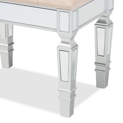Elegant Beige Fabric Button-Tufted Ottoman with Silver Wood Frame