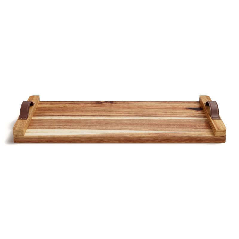 American Atelier Acacia Wood Rectangular Tray with Leather Handles, Serving Platters, Wooden Board for Cheese, Meats, Snack or Charcuterie, 18” x 9”, 2 of 7