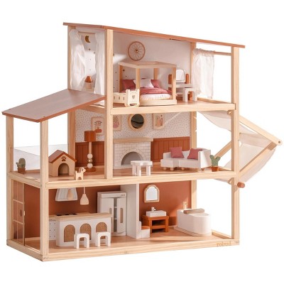 ROBOTIME Dollhouses Wooden Doll House Kids Toy Furniture, Bohemian Style Toddler Doll House Dollhouse for 3 Year Old, Brown, 11.7"*24.7"*26"