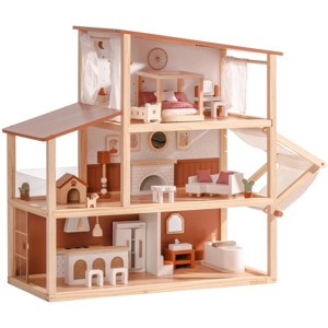 ROBOTIME Dollhouses Wooden Doll House Kids Toy Furniture, Bohemian Style Toddler Doll House Dollhouse for 3 Year Old, Brown, 11.7"*24.7"*26" - 1 of 4