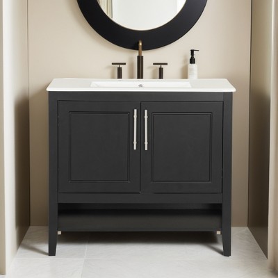 36" Bathroom Vanity with Sink,Modern Single Vanity with Drawers and Open Shelf, Solid Wood Bathroom Storage Cabinet with Ceramic Sink - Leovsnove