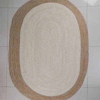 Maxax Jute Hand Braided Zigzag Stitch Natural Fibers Farmhouse Style Area Rug For Dining Room Living Room Kitchen, Off White/Natural