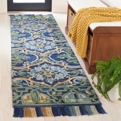Handmade Blue and Green Floral Wool Runner Rug, 2'3" x 8'
