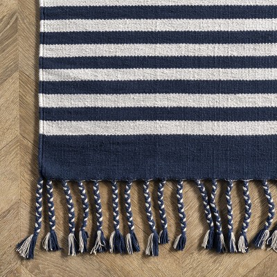 Blue Striped Cotton Reversible 5' x 8' Area Rug