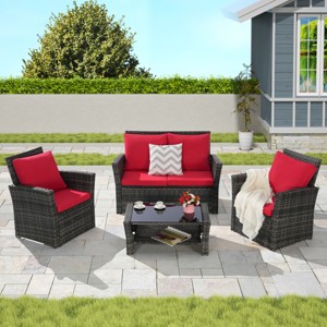 Outdoor Sofa Set, 4 Pcs Rattan Wicker Sofa, Sofa Set with Armrest Chairs and Tempered Glass Coffee Table, Sofas with Cushions-Coolbibila - 1 of 4