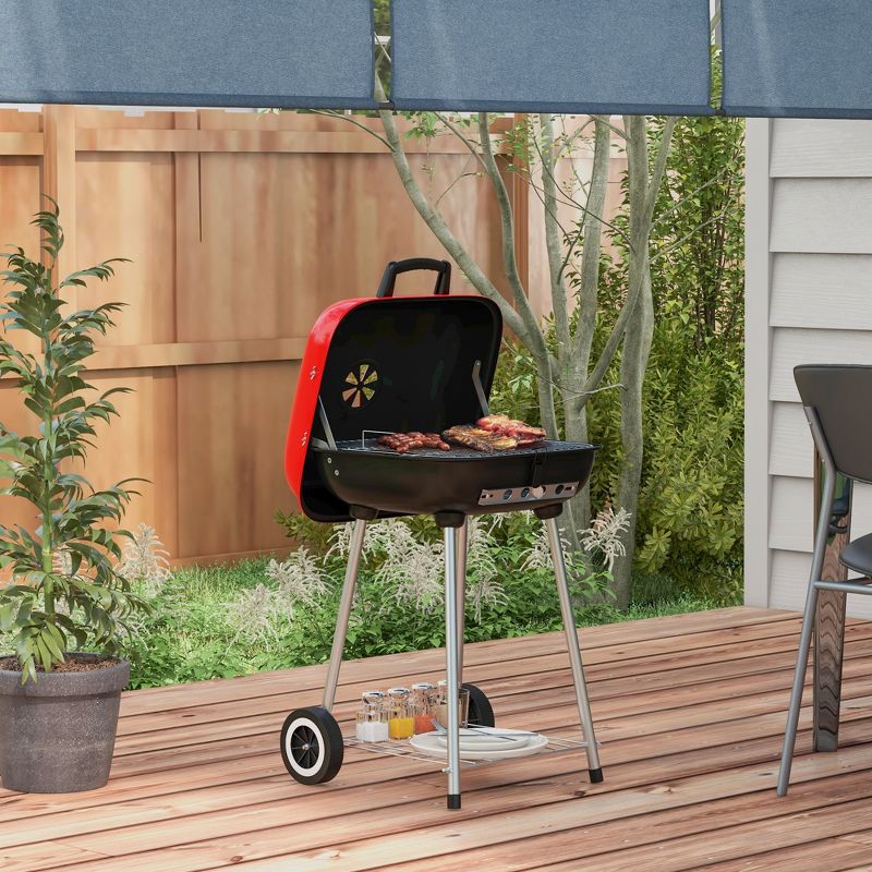 Outsunny Portable Charcoal Grill with Wheels, Bottom Shelf and Adjustable Vents for Picnic, Camping, Backyard Cooking, Red, 3 of 7