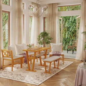 Farmhouse Extendable Dining Table Set With Wood Frame And Cream Upholstery, 6-Piece Modular Seating With Bench And Chairs-Maison Boucle - 1 of 4