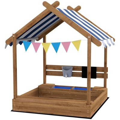 Image of Outsunny Wooden Sandbox with Canopy, Kids Sand Pit with Liner, Blackboard, Sink, Playset, Flags, House Design Outdoor Sandbox for 3-7 Years Old, Brown
