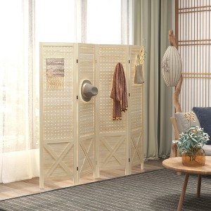MAYEERTY 4 Panel Room Divider Wood Indoor Portable Folding Privacy Screen Partition Wall Divider for Home Office Natural - 1 of 4