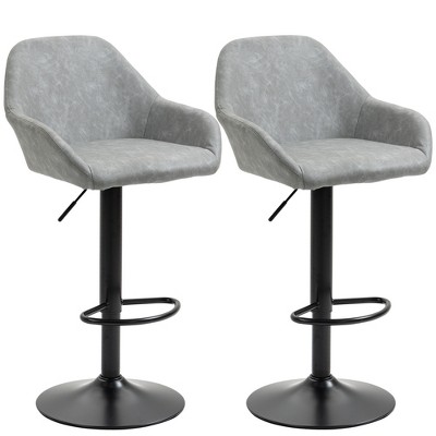 HOMCOM Adjustable Bar Stools Set of 2, Swivel Barstools with Footrest and Back, PU Leather and Steel Round Base, for Kitchen Counter, gray