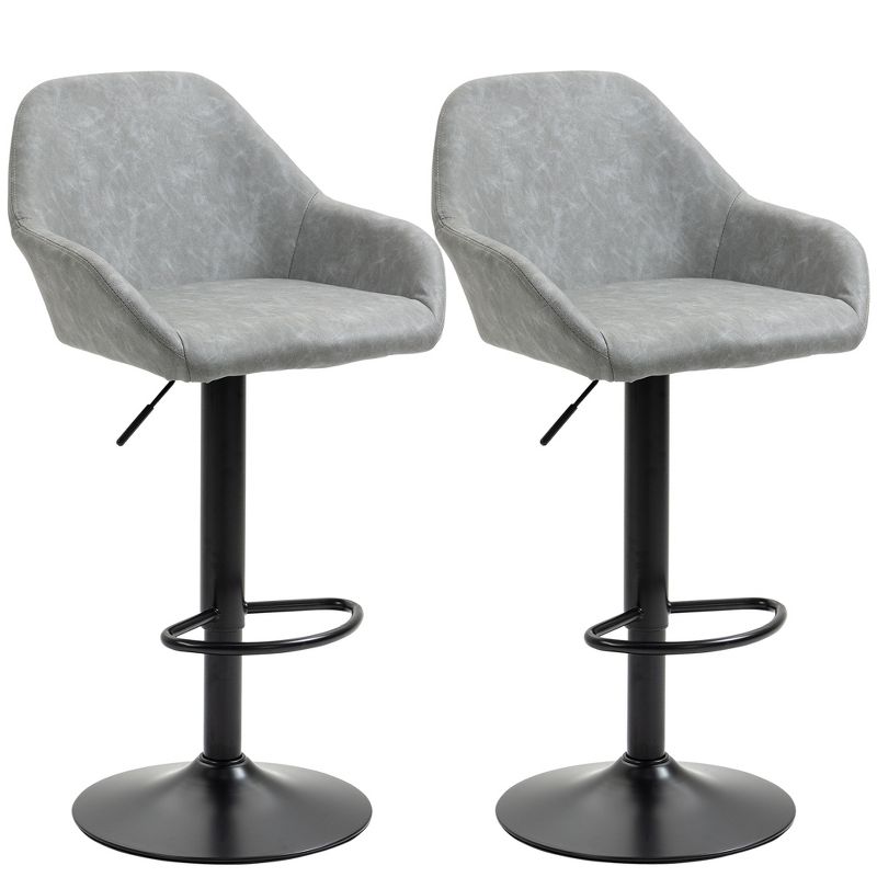 HOMCOM Adjustable Bar Stools Set of 2, Swivel Barstools with Footrest and Back, PU Leather and Steel Round Base, for Kitchen Counter, 1 of 7