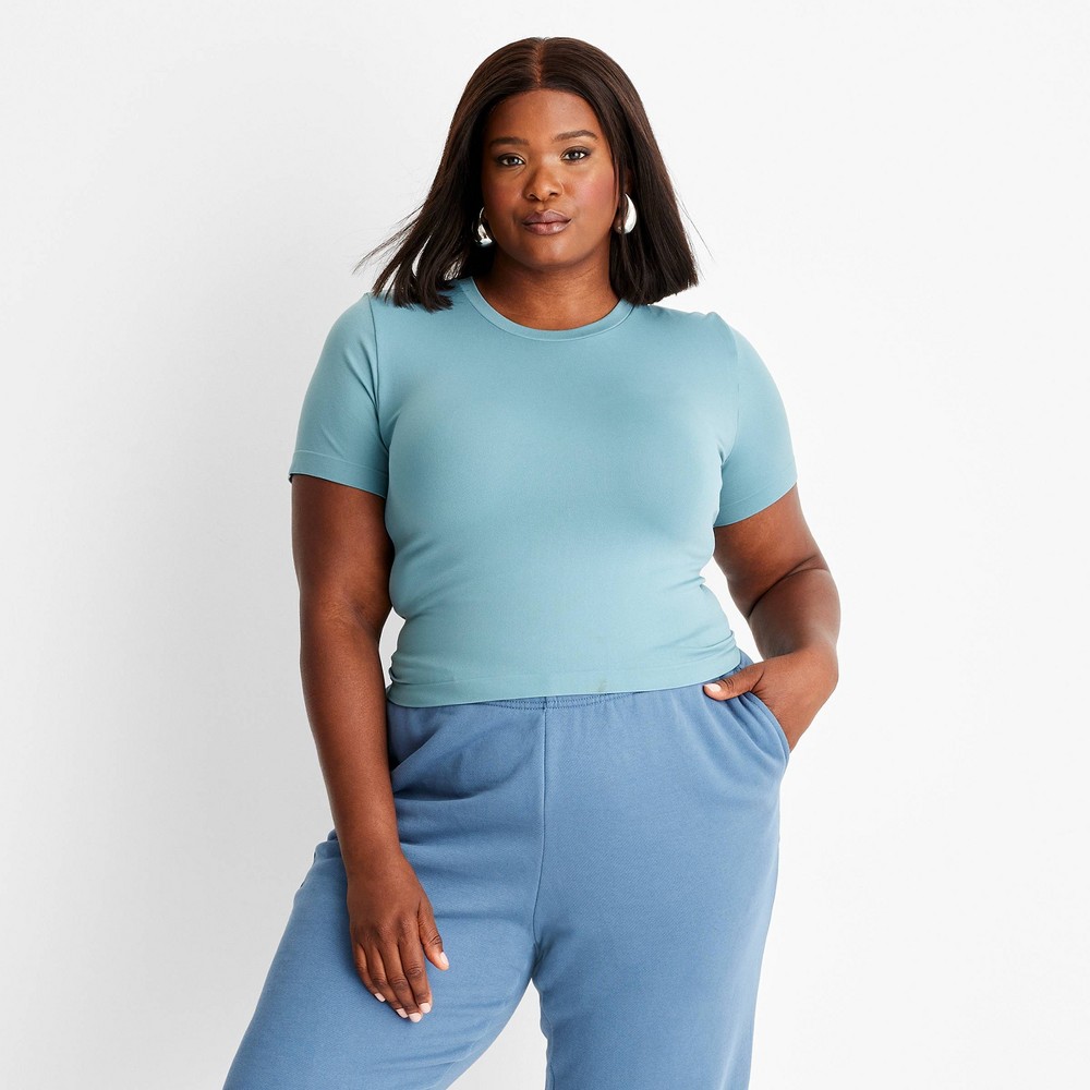 Women's Slim Fit Short Sleeve Seamless Baby T-Shirt - A New Day™ Teal Blue 3X