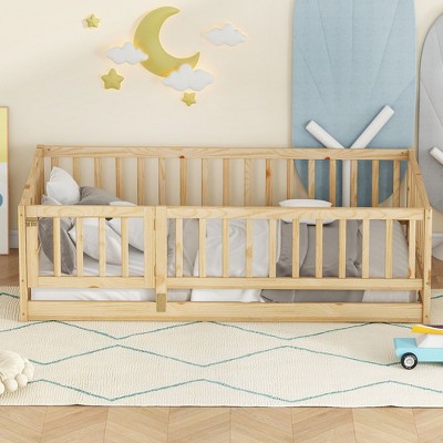 Okak Montessori Floor Bed Twin/Full Size,Toddler Bed with Safety Fence & Door, Solid Wood Kids Bed Frame for Nursery & Bedroom