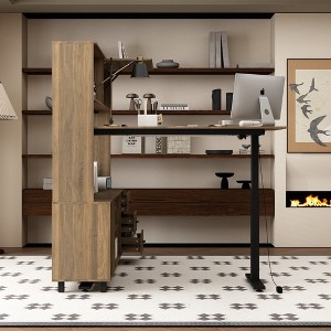 Famapy Smart Electric Lift Desk with Cabinet in Brown Your Ideal Office Companion - 1 of 4