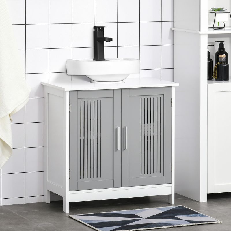 kleankin Modern Under Sink Cabinet with 2 Doors, Pedestal Under Sink Bathroom Cupboard with Adjustable Shelves, 4 of 10