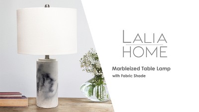 White Marbleized Cylinder Nightstand Lamp with Fabric Shade