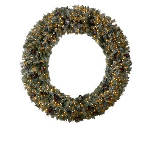 Nearly Natural 6’ Giant Flocked Christmas Wreath with Pinecones, 600 Clear LED Lights and 1000 Bendable Branches - 1 of 4