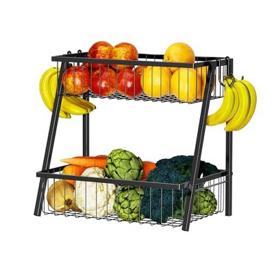 Simple Trending 2 Tier Fruit Basket Metal Wire with 4 Banana Hooks