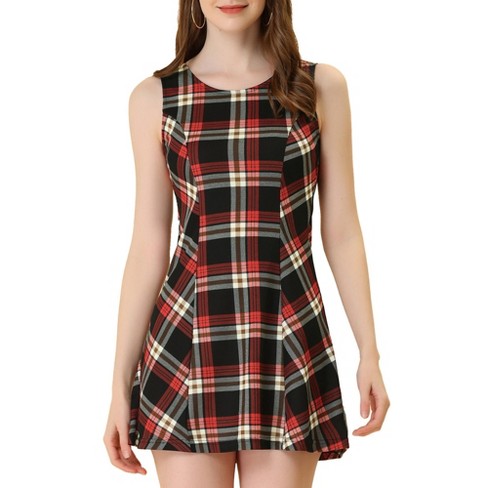 Allegra K Women's Summer Plaid Mini A-line Sleeveless Fit And Flare Dress Black Red Medium : Target