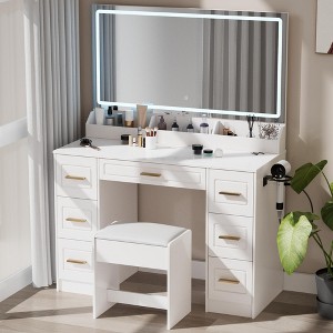 Homesflex 43" White Vanity Desk with Mirror, LED Lights, Power Outlet, 3 Light Modes, 7 Drawers, and Chair for Bedroom or Dressing Room - 1 of 4