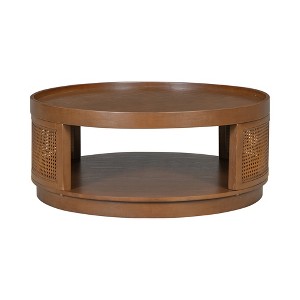 Racxily 36.8" Wooden Mid-Century Coffee Table, Round Cane Design with PE Rattan Side, Brown - 1 of 4