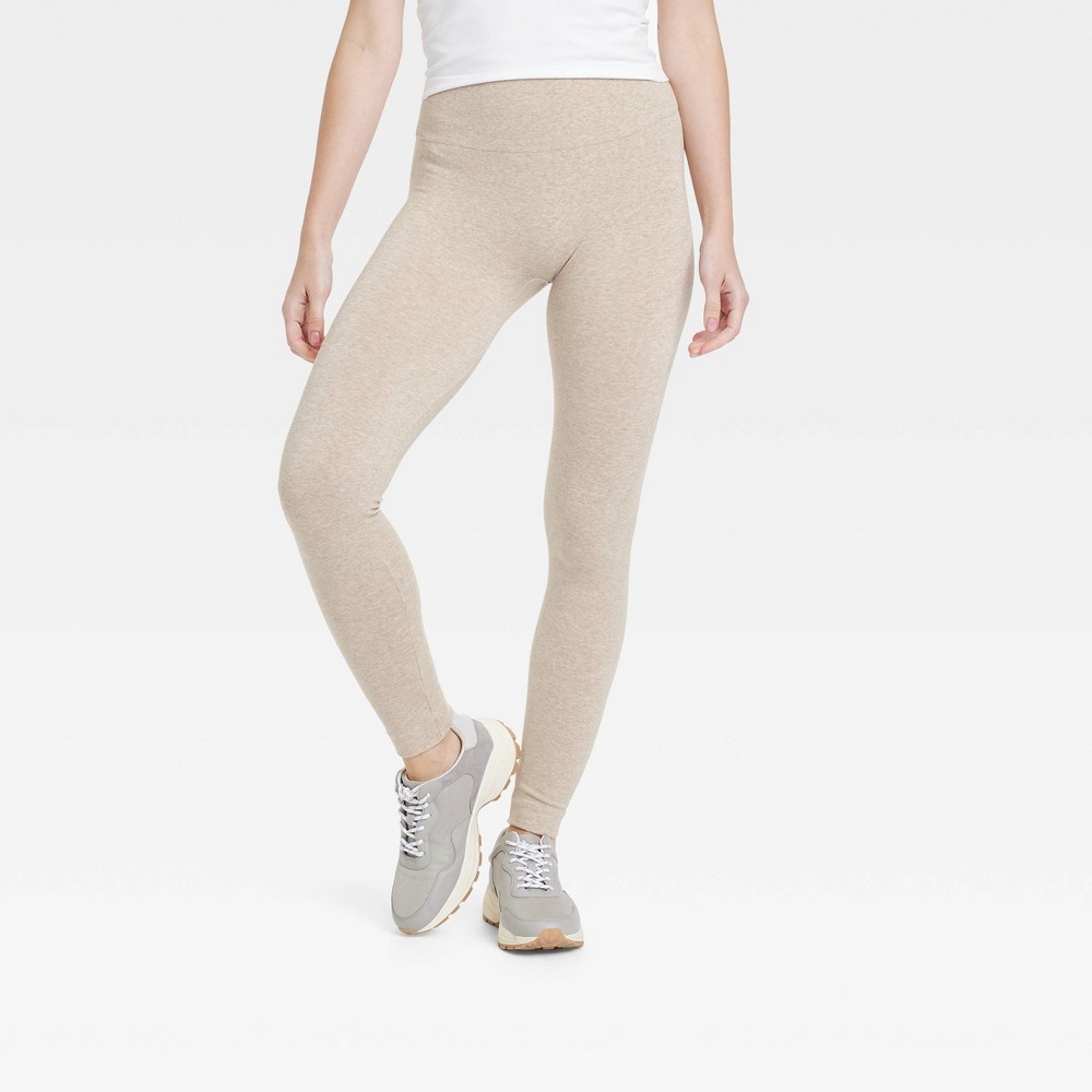 Women's High Waisted Cotton Seamless Fleece Lined Leggings - A New Day™ Heather Oatmeal 1X: Plus Size, Midweight, Ankle Length, Skinny Leg