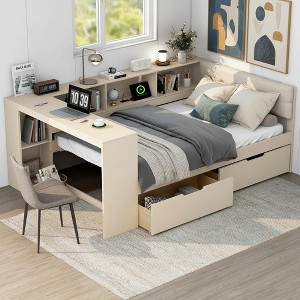 Polibi Daybed with Built-In Storage Shelves, Charging Station, Upholstered Headboard & 2 Drawers - 1 of 4