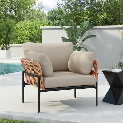 Modern Outdoor Lounge Chair, 36" Iron Lounge Chair with Rope Weave Design, Chairs with Iron Legs and PE Cushions-Coolbibila
