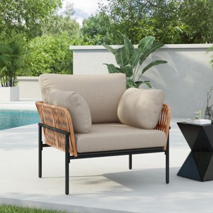 Modern Outdoor Lounge Chair, 36" Iron Lounge Chair with Rope Weave Design, Chairs with Iron Legs and PE Cushions-Coolbibila - 1 of 4