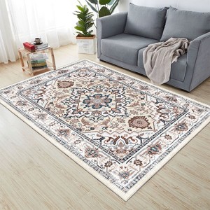 Chery Life Area Rug,Vintage Bohemian Persian Non-slip Washable Rug For Living Room Bedroom, Flower Design - 1 of 4