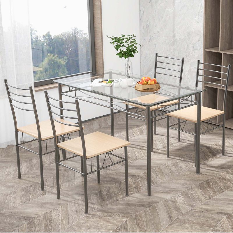 Costway 5 Piece Dining Set Table and 4 Chairs Glass Top Kitchen Breakfast Furniture Brown, 4 of 11