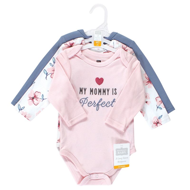 Hudson Baby Infant Girl Cotton Long-Sleeve Bodysuits, Perfect Mommy 3-Pack, 2 of 6