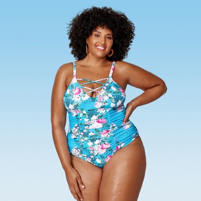 Women's Plus Size Floral Strappy V Neck One Piece Swimsuit - Cupshe-blue-2x  : Target