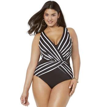 Swimsuits for All Women's Plus Size Sarong Front One Piece Swimsuit - 22,  Spice Hibiscus