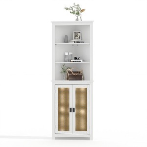 Corner Storage Cabinet with Adjustable Shelves, Rattan Farmhouse Organizer with Freestanding Design, Multi-Use Storage for Bathroom, Living Room - 1 of 4