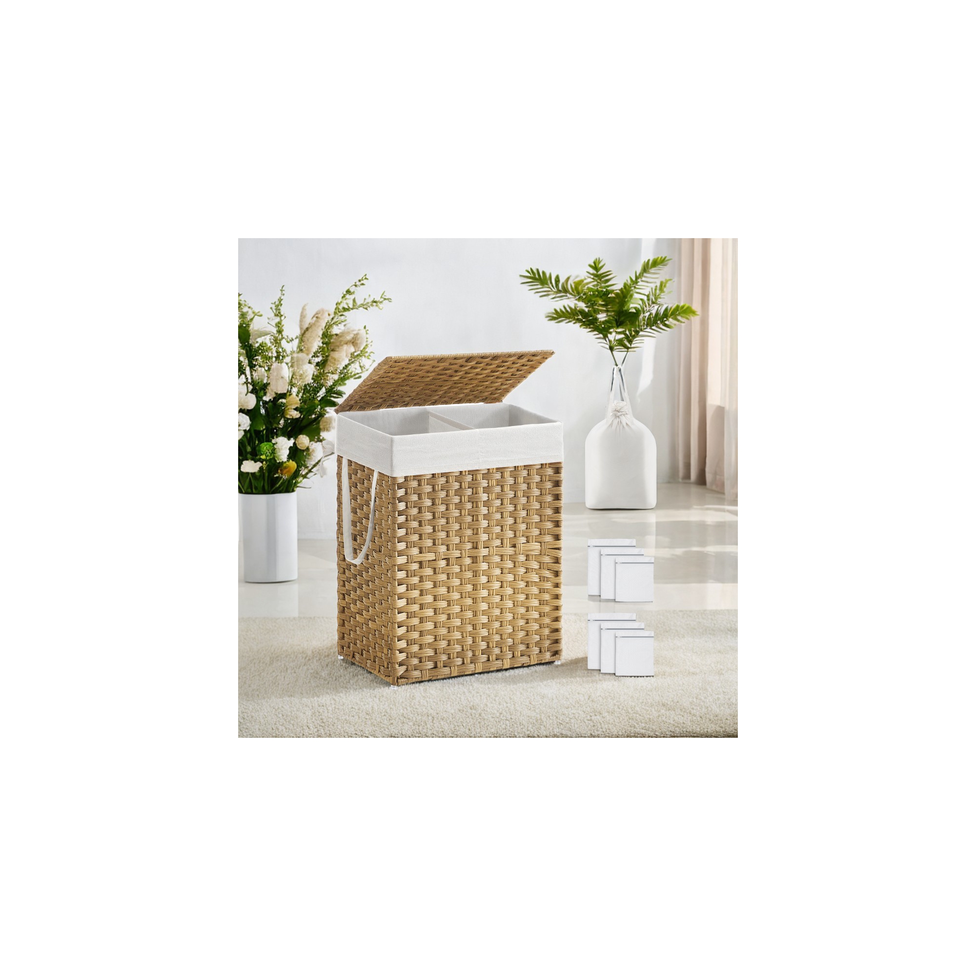 90L Laundry Hamper with Lid Laundry Clothes Hamper with 2 Removable Liner Bags Wicker Double Laundry Basket for Bathroom Natural