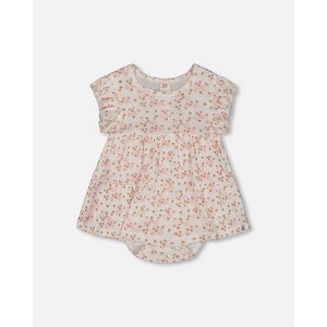 Deux par Deux Girl Organic Cotton Pointelle Romper Printed White with Pink Flowers - 1 of 4