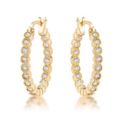 ShineHigh Dotted Clear CZ Round Bezel Hoop Earrings for Women – Mid-Sized 24mm Hoops with Pave CZ in Rose Gold, Gold, or Rhodium-Plated Finish