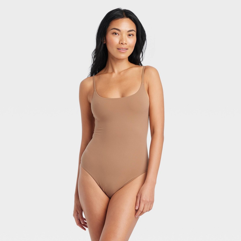 Women's 4-Way Stretch Cami Bodysuit - Auden™ Brown XL: Nylon Spandex Blend, Adjustable Straps, Scoopneck